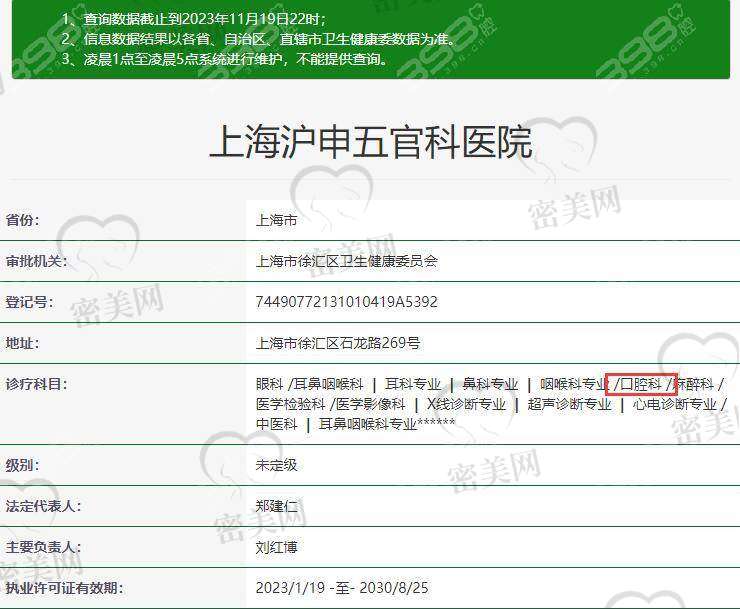上海沪申五官科医院口腔科医生名单：