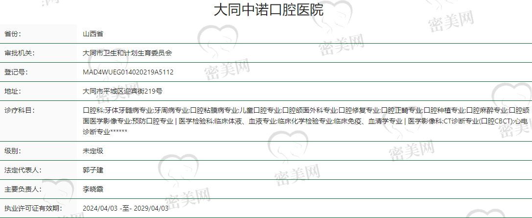 【大同中诺口腔医院医生名单:】